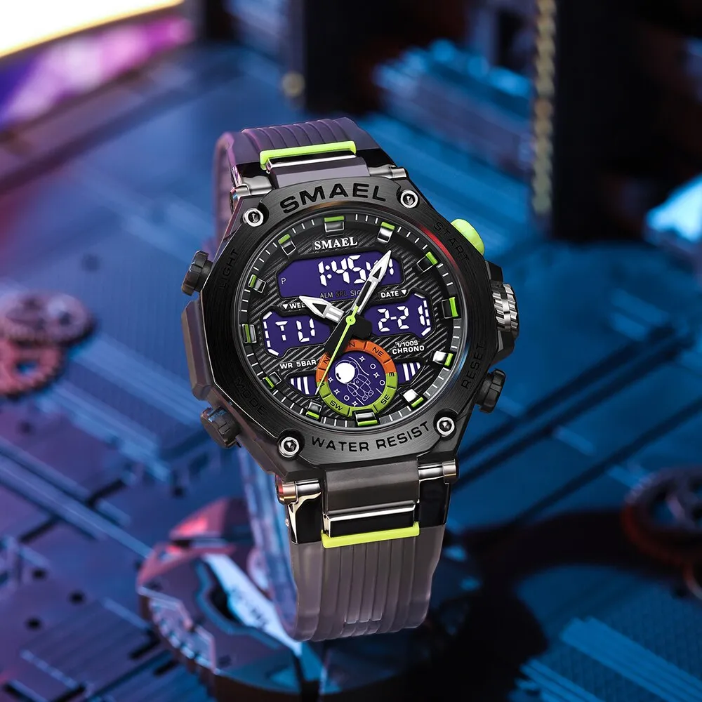 SMAEL Sport Digital Watches For Men Alloy Case Dual Display Analog Quartz Watch Sports Student Stopwatch Electronic Wristwatch