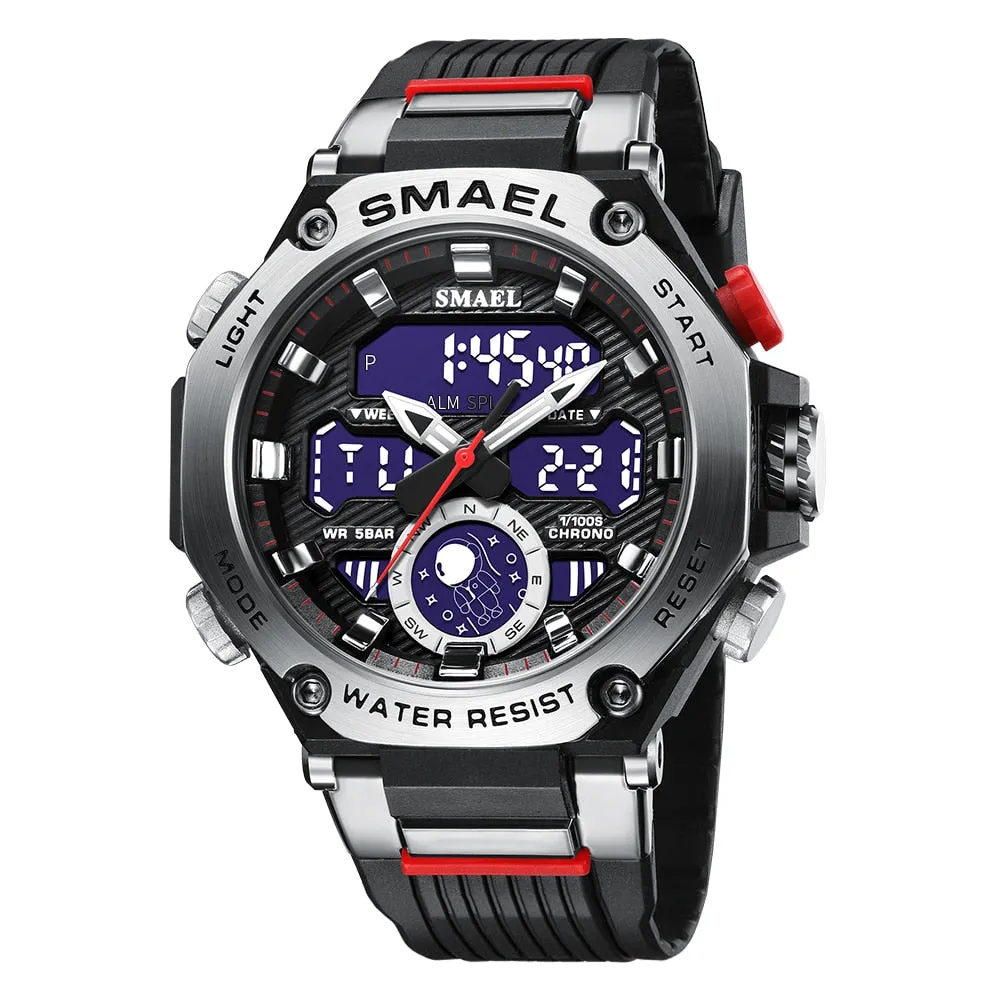 SMAEL Sport Digital Watches For Men Alloy Case Dual Display Analog Quartz Watch Sports Student Stopwatch Electronic Wristwatch