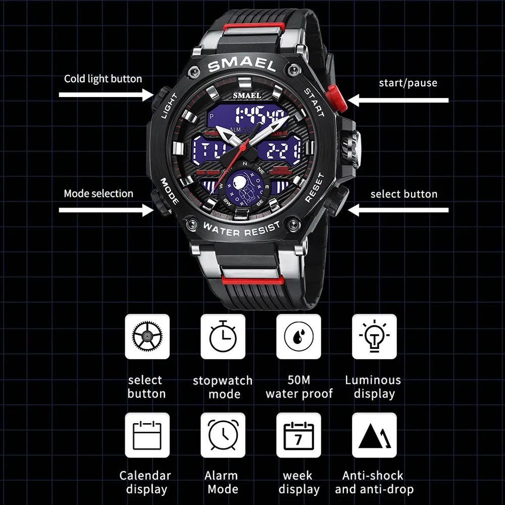 SMAEL Sport Digital Watches For Men Alloy Case Dual Display Analog Quartz Watch Sports Student Stopwatch Electronic Wristwatch