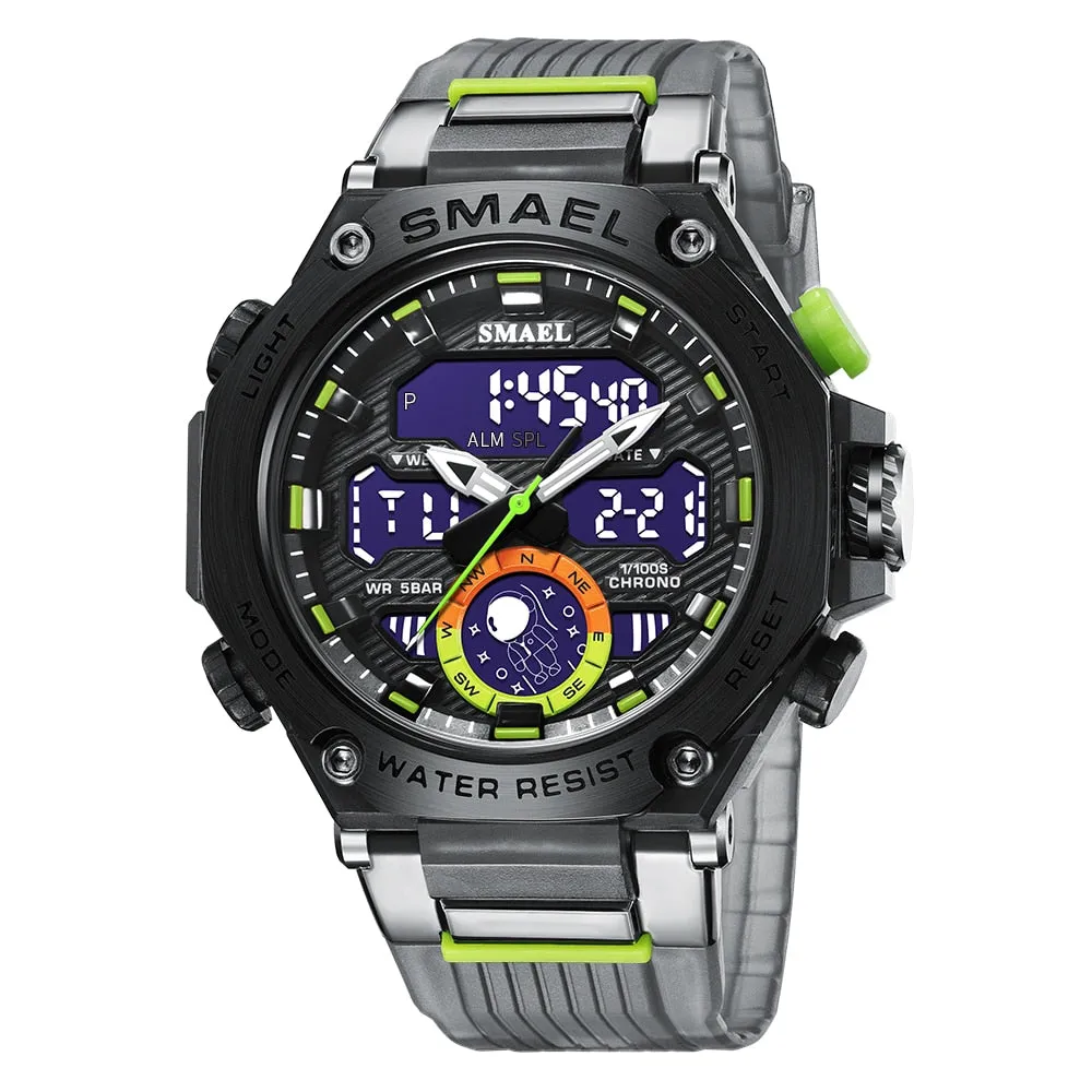 SMAEL Sport Digital Watches For Men Alloy Case Dual Display Analog Quartz Watch Sports Student Stopwatch Electronic Wristwatch