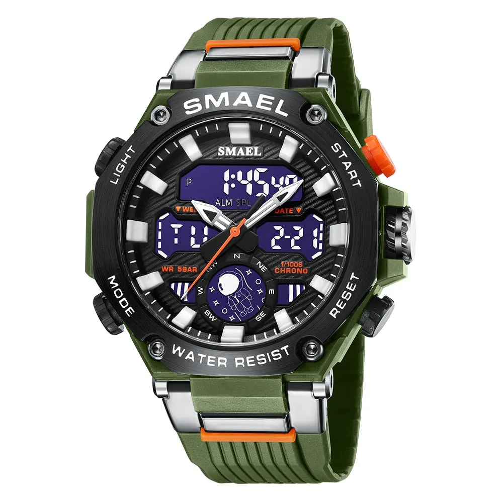 SMAEL Sport Digital Watches For Men Alloy Case Dual Display Analog Quartz Watch Sports Student Stopwatch Electronic Wristwatch