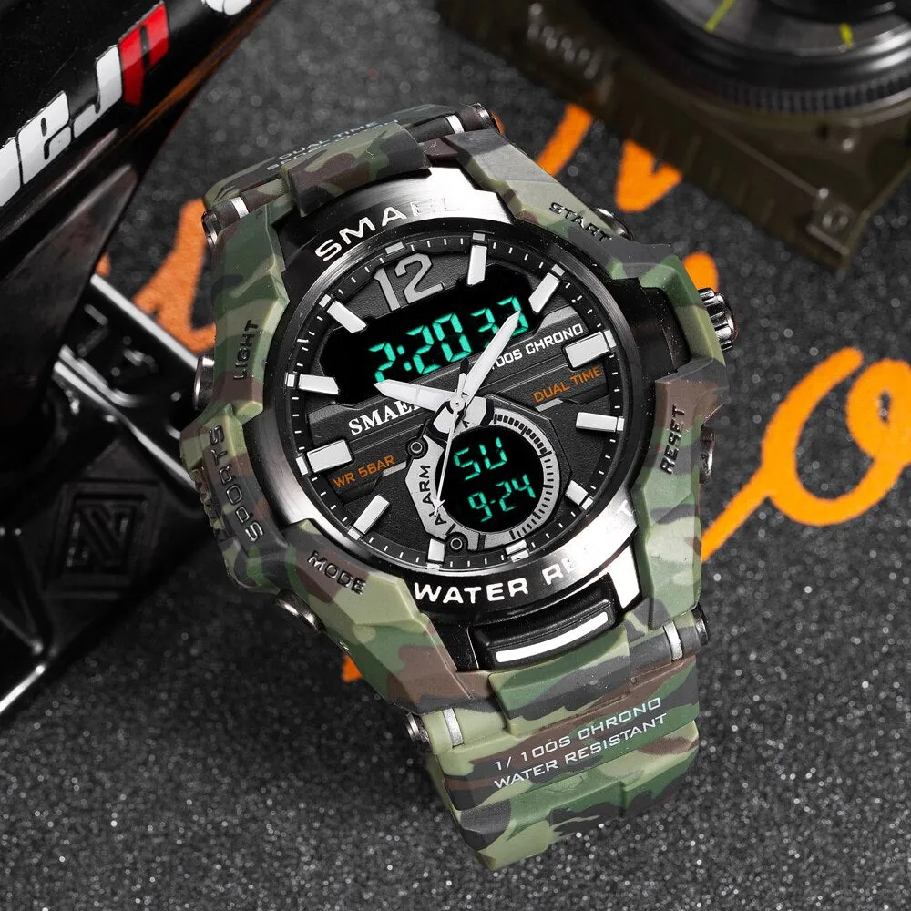 SMAEL Sport Watch Men Waterproof Wristwatch Big Dial Quartz LED Digital Watches Men&#39;s Camouflage Case Military Chronograph Clock