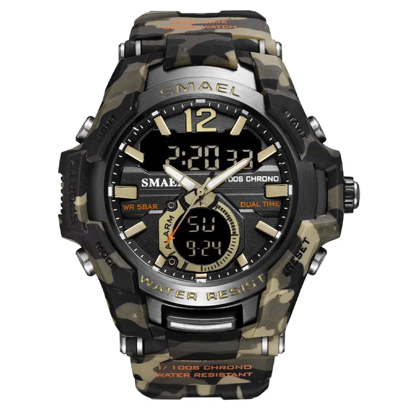 SMAEL Sport Watch Men Waterproof Wristwatch Big Dial Quartz LED Digital Watches Men&#39;s Camouflage Case Military Chronograph Clock