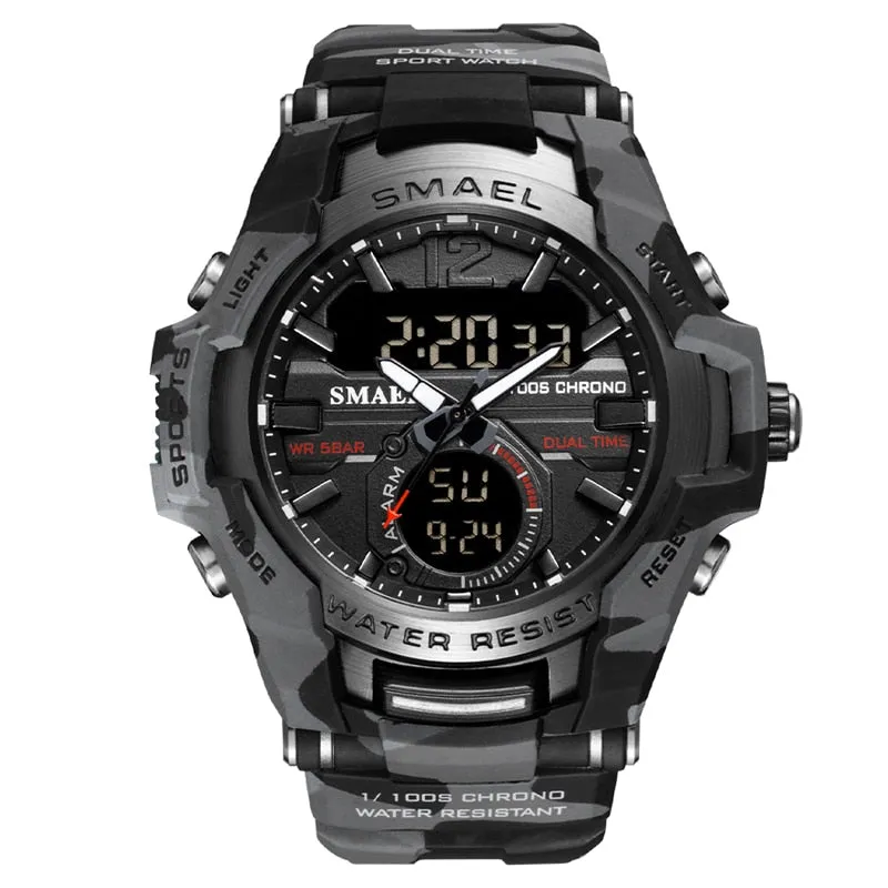 SMAEL Sport Watch Men Waterproof Wristwatch Big Dial Quartz LED Digital Watches Men&#39;s Camouflage Case Military Chronograph Clock
