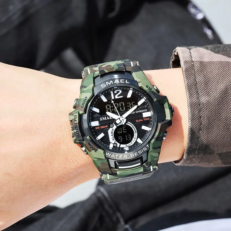 SMAEL Sport Watch Men Waterproof Wristwatch Big Dial Quartz LED Digital Watches Men&#39;s Camouflage Case Military Chronograph Clock