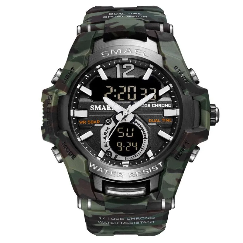 SMAEL Sport Watch Men Waterproof Wristwatch Big Dial Quartz LED Digital Watches Men&#39;s Camouflage Case Military Chronograph Clock