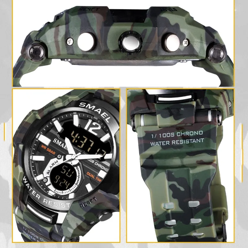 SMAEL Sport Watch Men Waterproof Wristwatch Big Dial Quartz LED Digital Watches Men&#39;s Camouflage Case Military Chronograph Clock