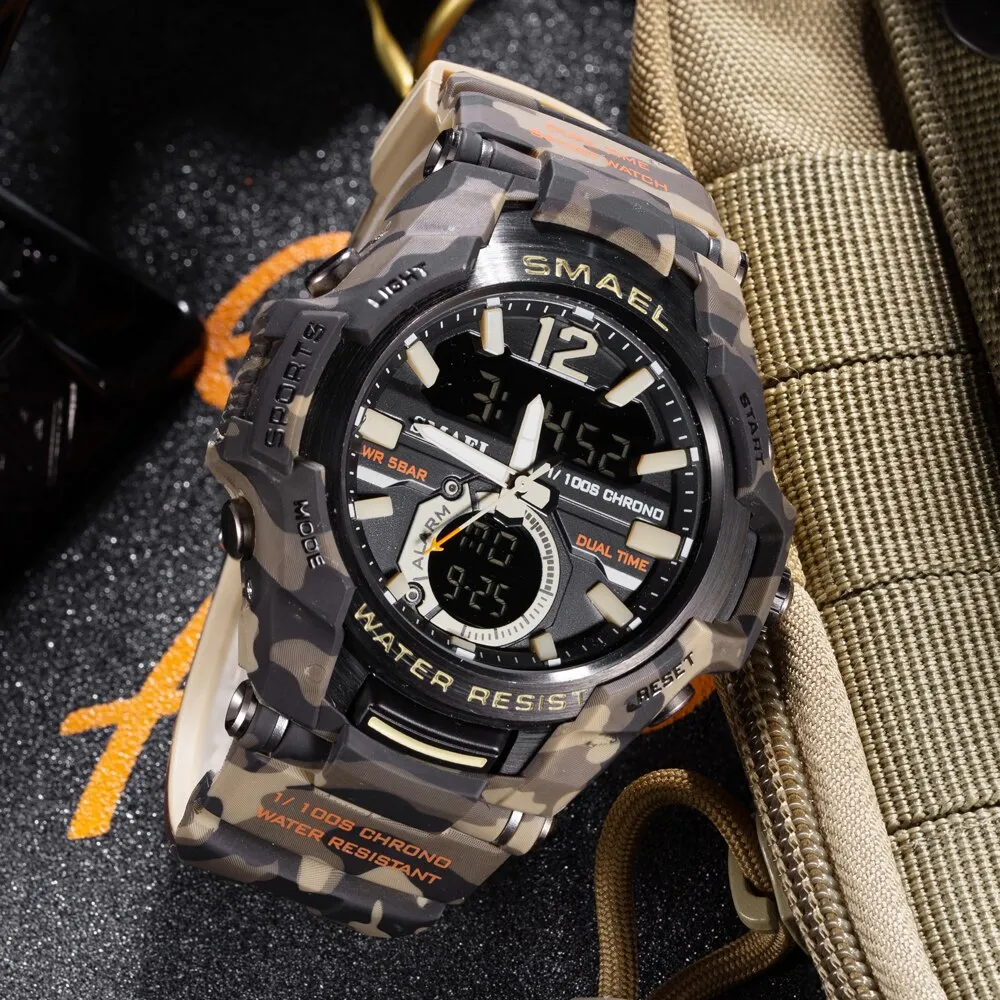 SMAEL Sport Watch Men Waterproof Wristwatch Big Dial Quartz LED Digital Watches Men&#39;s Camouflage Case Military Chronograph Clock