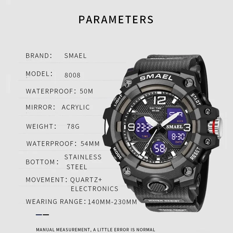 SMAEL Watches Men Sports Watch Top Brand Luxury Military Alarm Dual Display Digital Quartz Waterproof Wristwatch For Male Clock