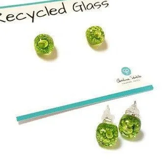 Small Post peridot Green  Earrings. Fused Glass Studs. Recycled Glass jewelry.