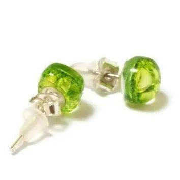 Small Post peridot Green  Earrings. Fused Glass Studs. Recycled Glass jewelry.