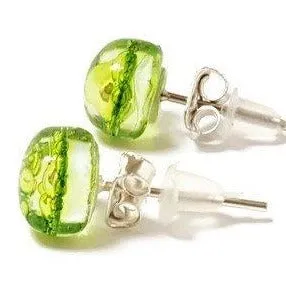 Small Post peridot Green  Earrings. Fused Glass Studs. Recycled Glass jewelry.