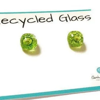 Small Post peridot Green  Earrings. Fused Glass Studs. Recycled Glass jewelry.
