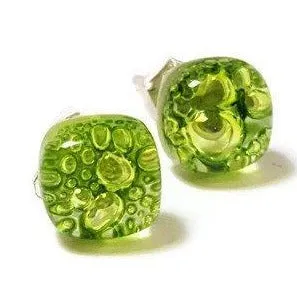 Small Post peridot Green  Earrings. Fused Glass Studs. Recycled Glass jewelry.