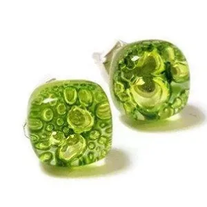 Small Post peridot Green  Earrings. Fused Glass Studs. Recycled Glass jewelry.