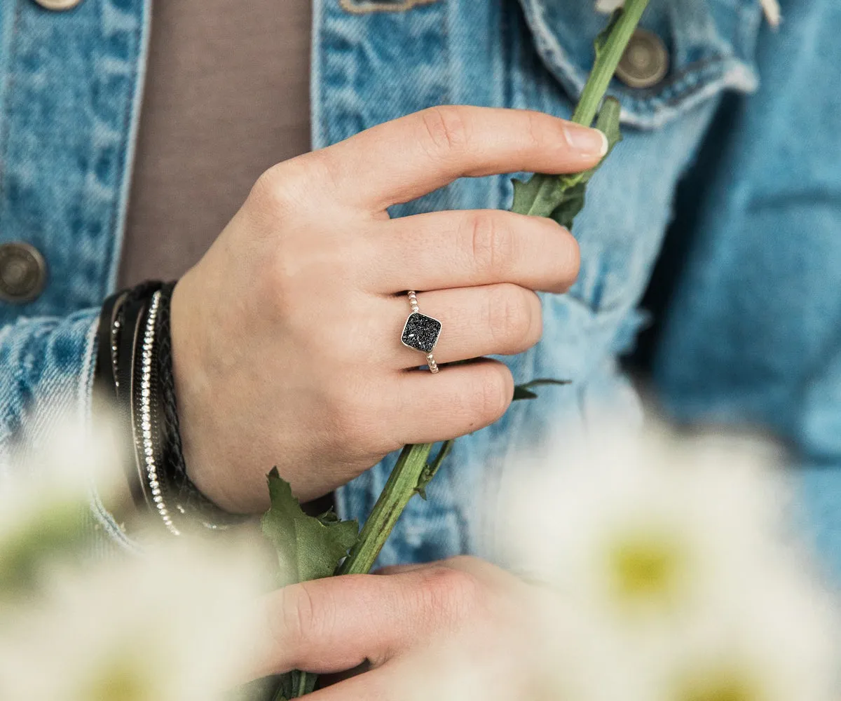 Small Square Black Druzy Ring
