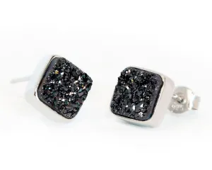 Small Square Black Druzy Stud Earrings