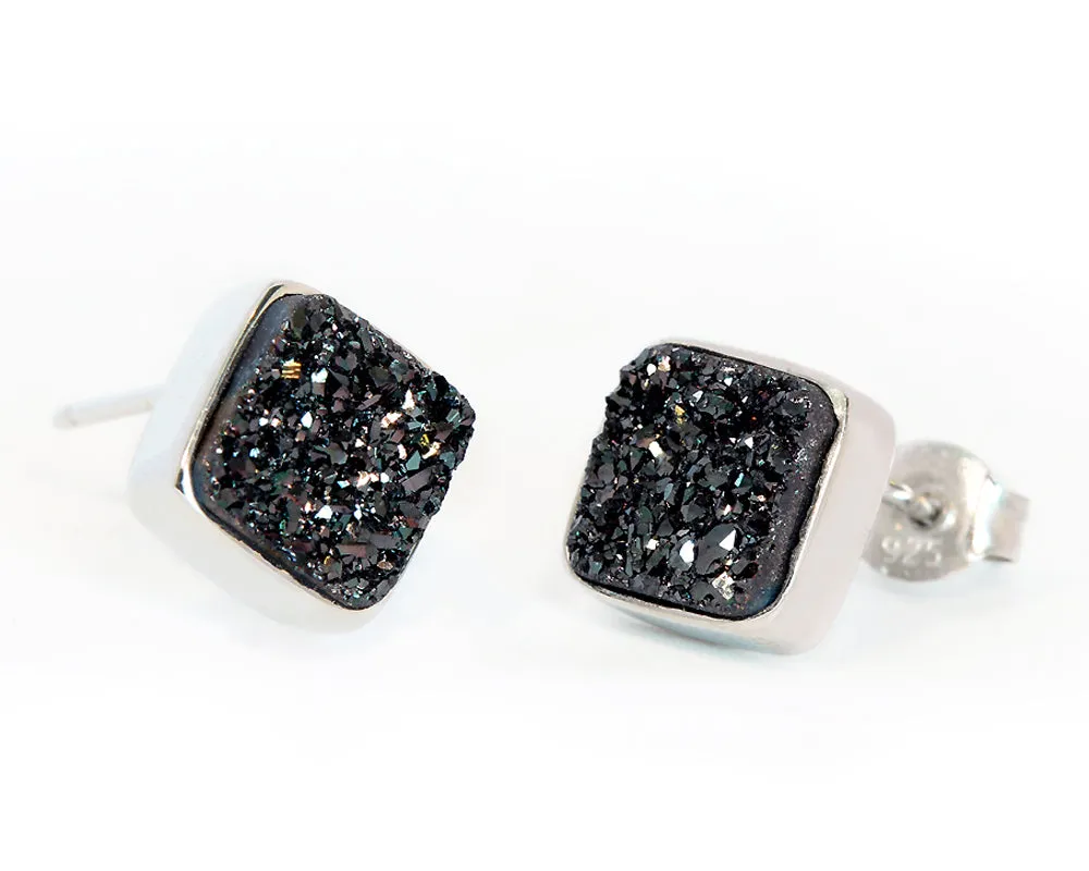 Small Square Black Druzy Stud Earrings