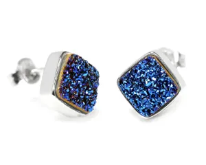 Small Square Blue Druzy Stud Earrings