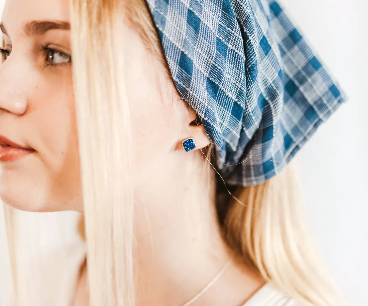 Small Square Blue Druzy Stud Earrings