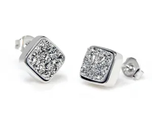 Small Square Platinum Druzy Stud Earrings
