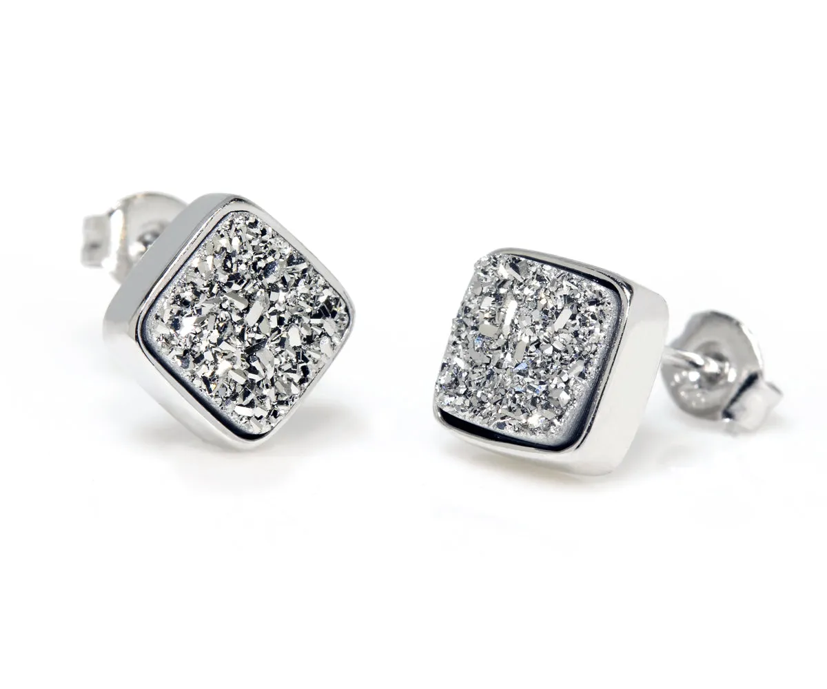 Small Square Platinum Druzy Stud Earrings