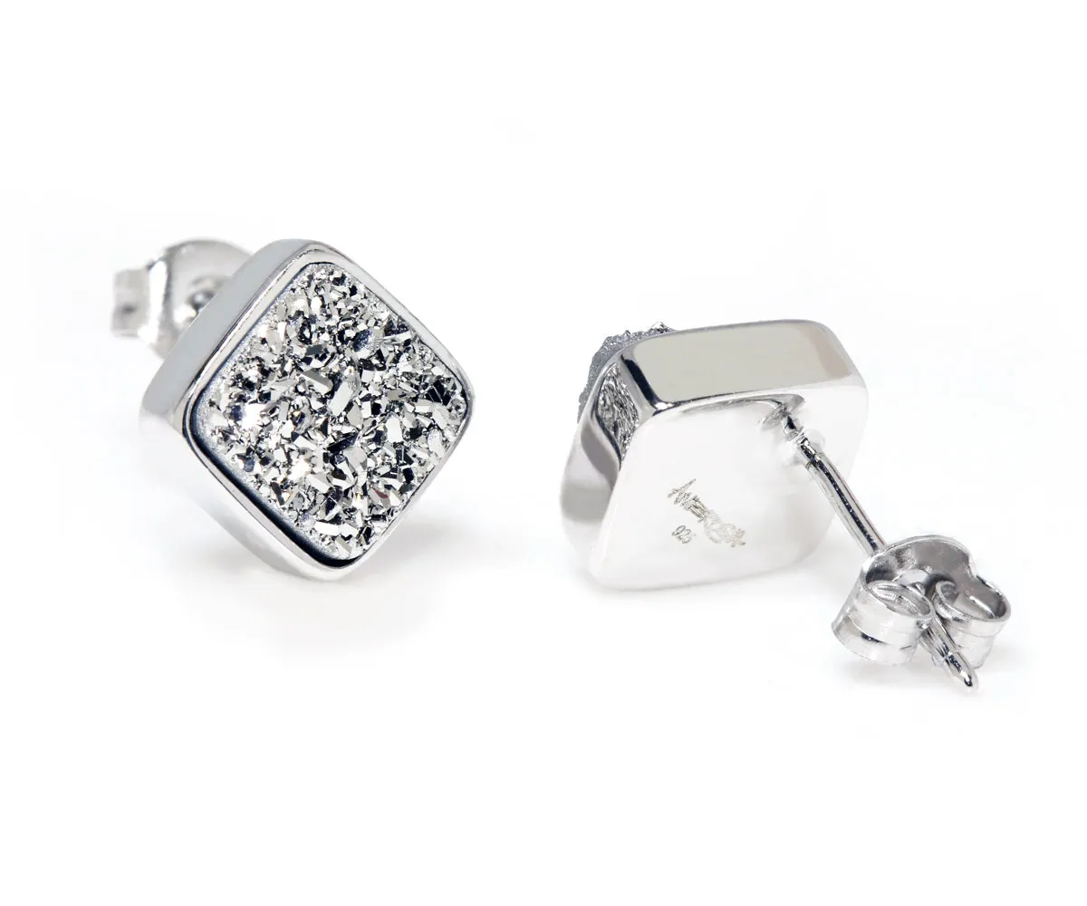 Small Square Platinum Druzy Stud Earrings