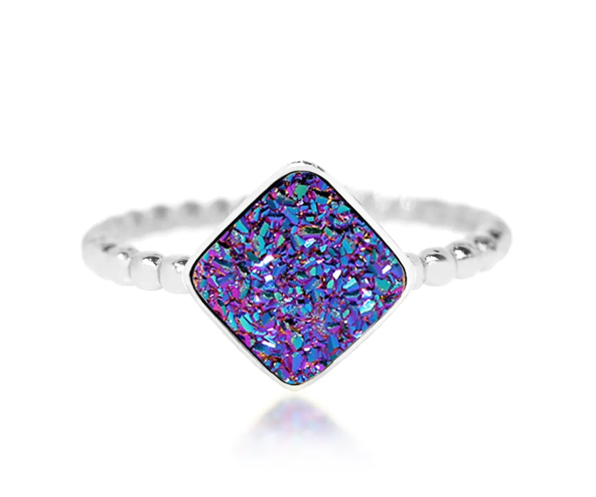 Small Square Purple Rainbow Druzy Ring