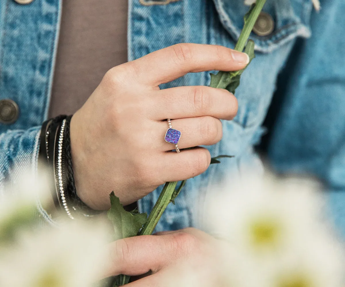 Small Square Purple Rainbow Druzy Ring
