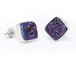 Small Square Purple Rainbow Druzy Stud Earrings