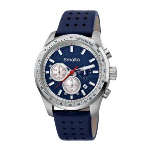 Smalto Men's Stainless Steel Watch With Black Gray Leather Strap & Blue Dial