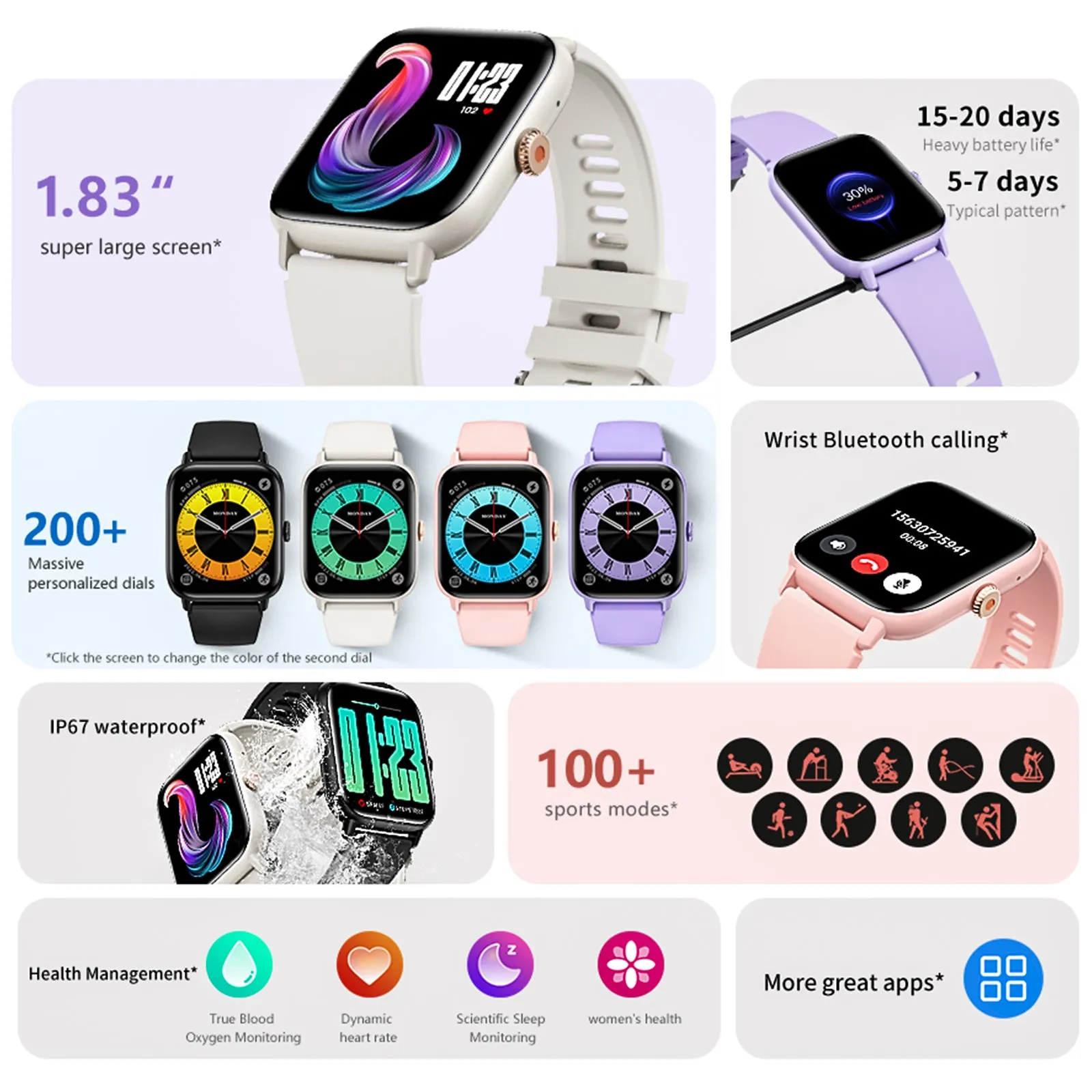 Smart Watch for Men Women Make Calls 1.83" HD Big Screen Sports Smartwatch for iPhone Android Waterproof 100  Sports Modes Fitness Tracker Activity Tracker with Heart Rate Blood Glucose Sleep Monitor