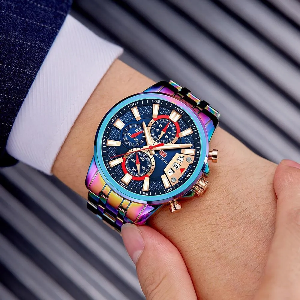 Sport Multifunctional Luxury Mens Watch Quartz Waterproof Colorful Analog Wristwatch Elegant Stainless Steel Design