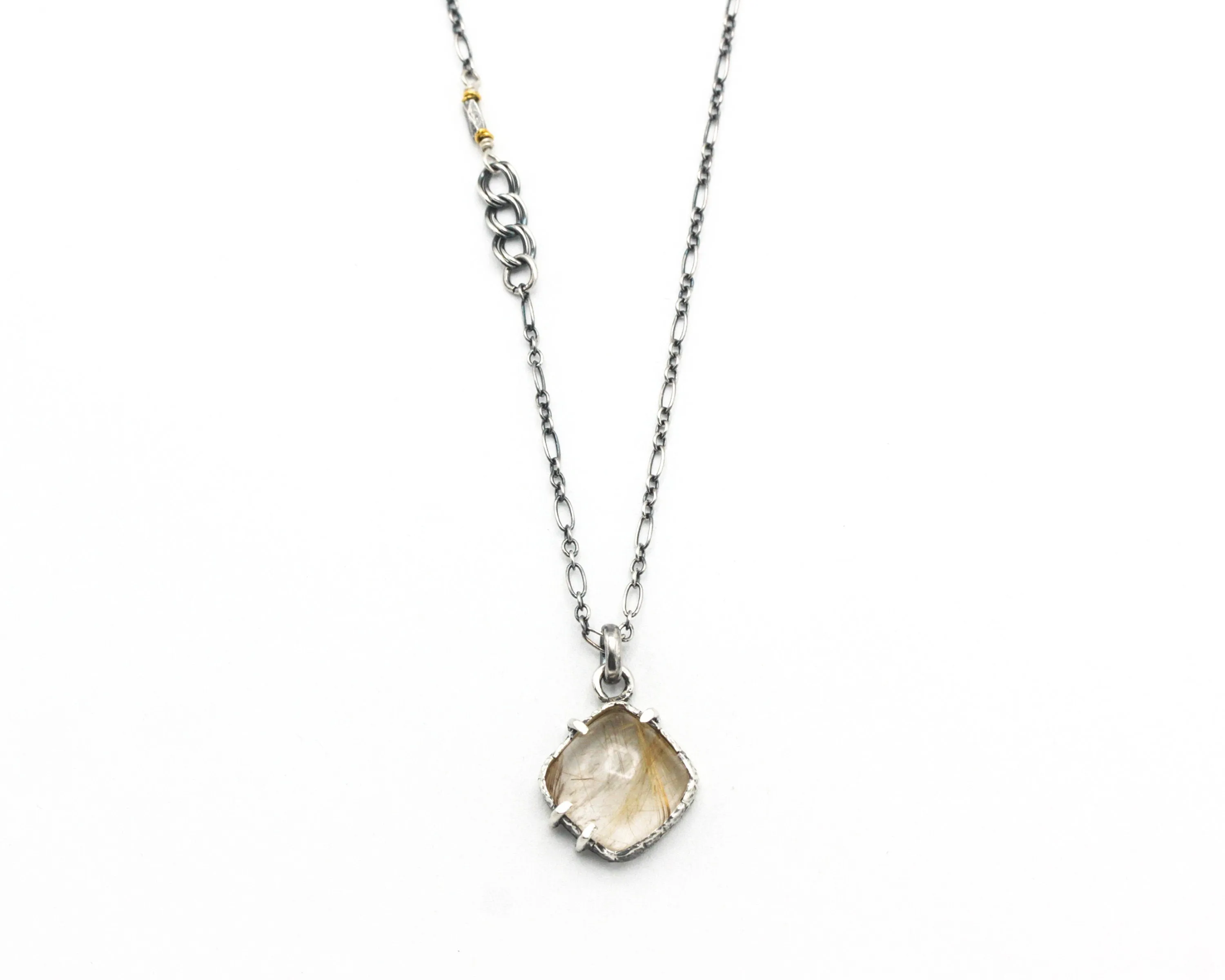 Square Rutilated pendant necklace with oxidized sterling silver chain