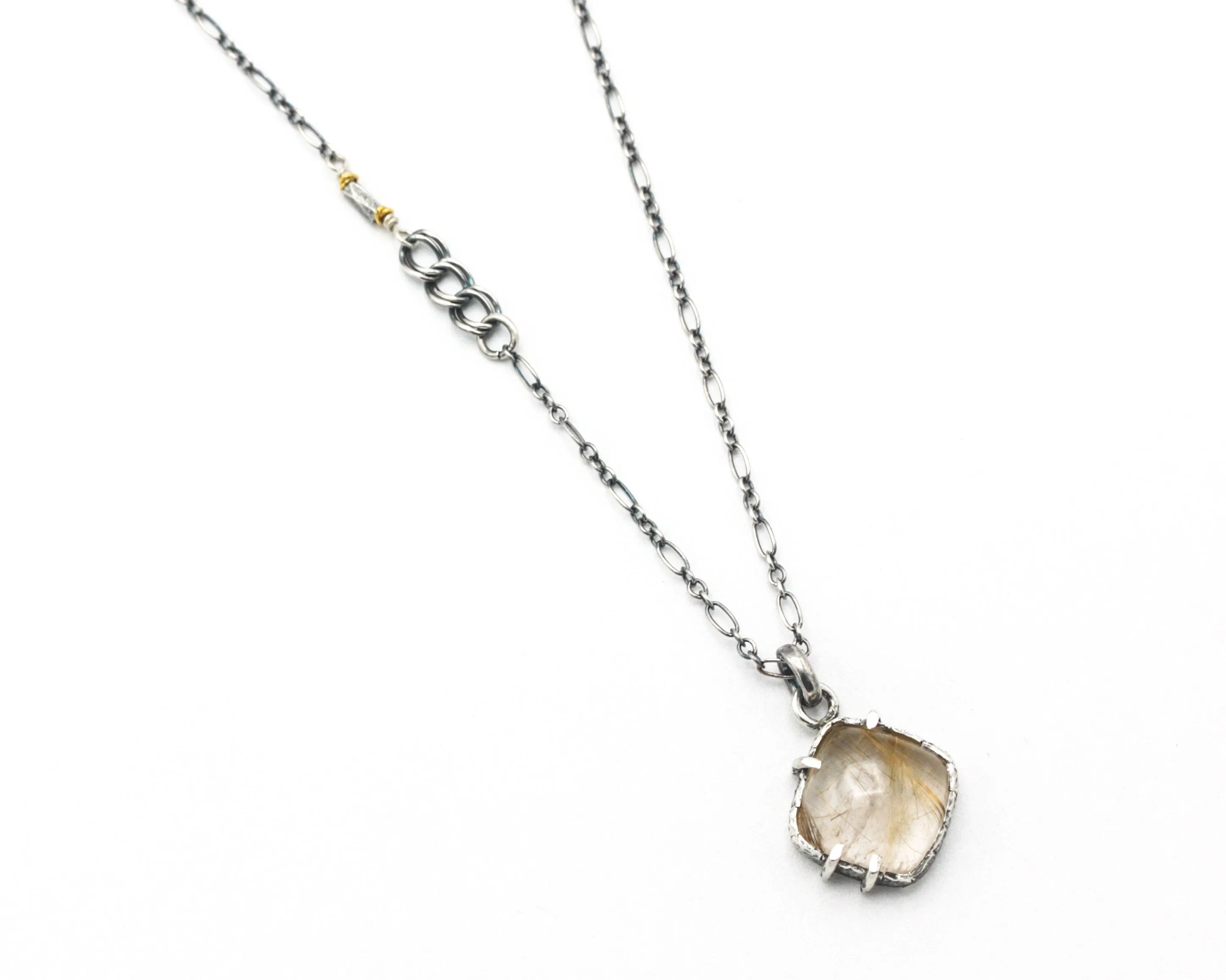 Square Rutilated pendant necklace with oxidized sterling silver chain