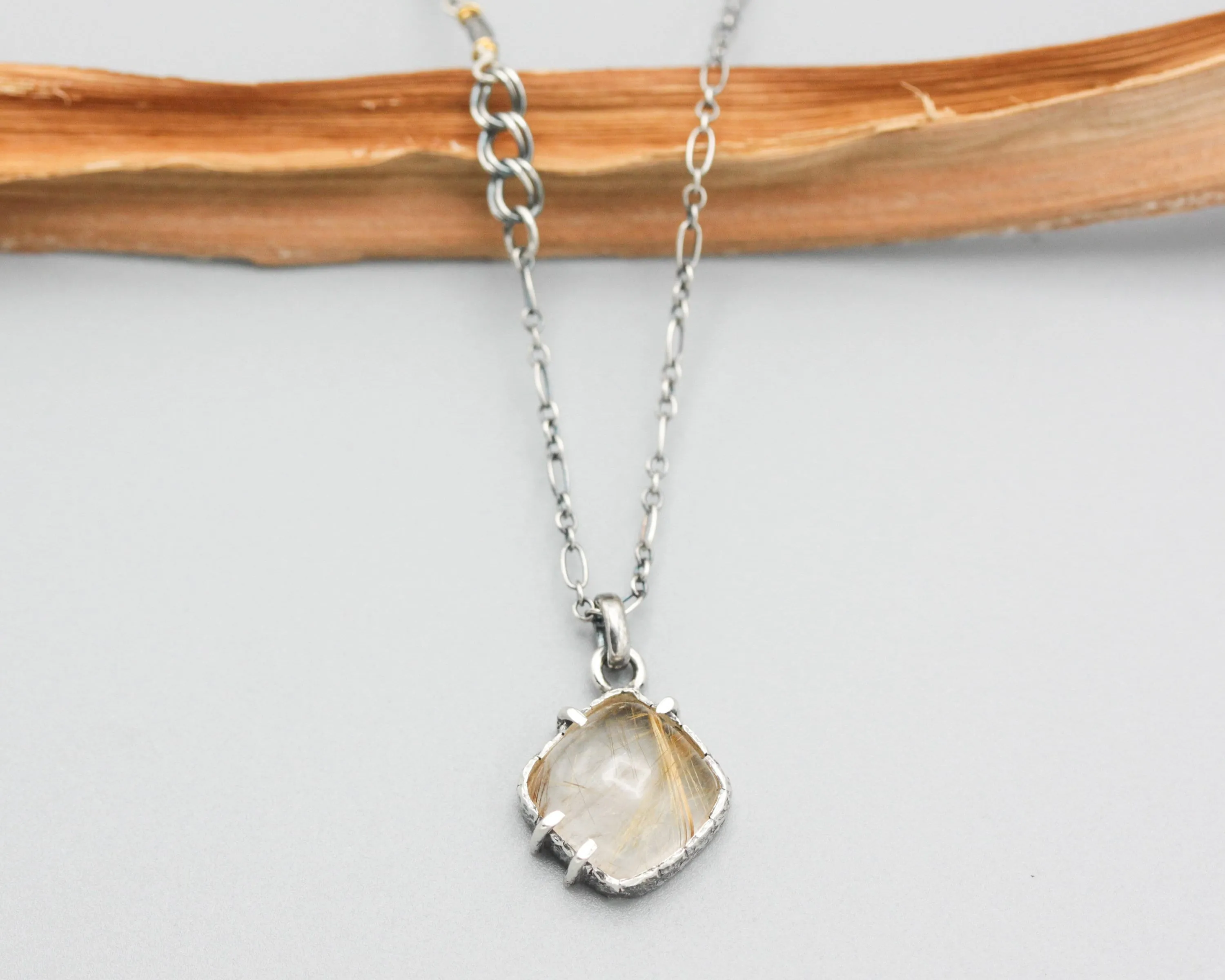 Square Rutilated pendant necklace with oxidized sterling silver chain