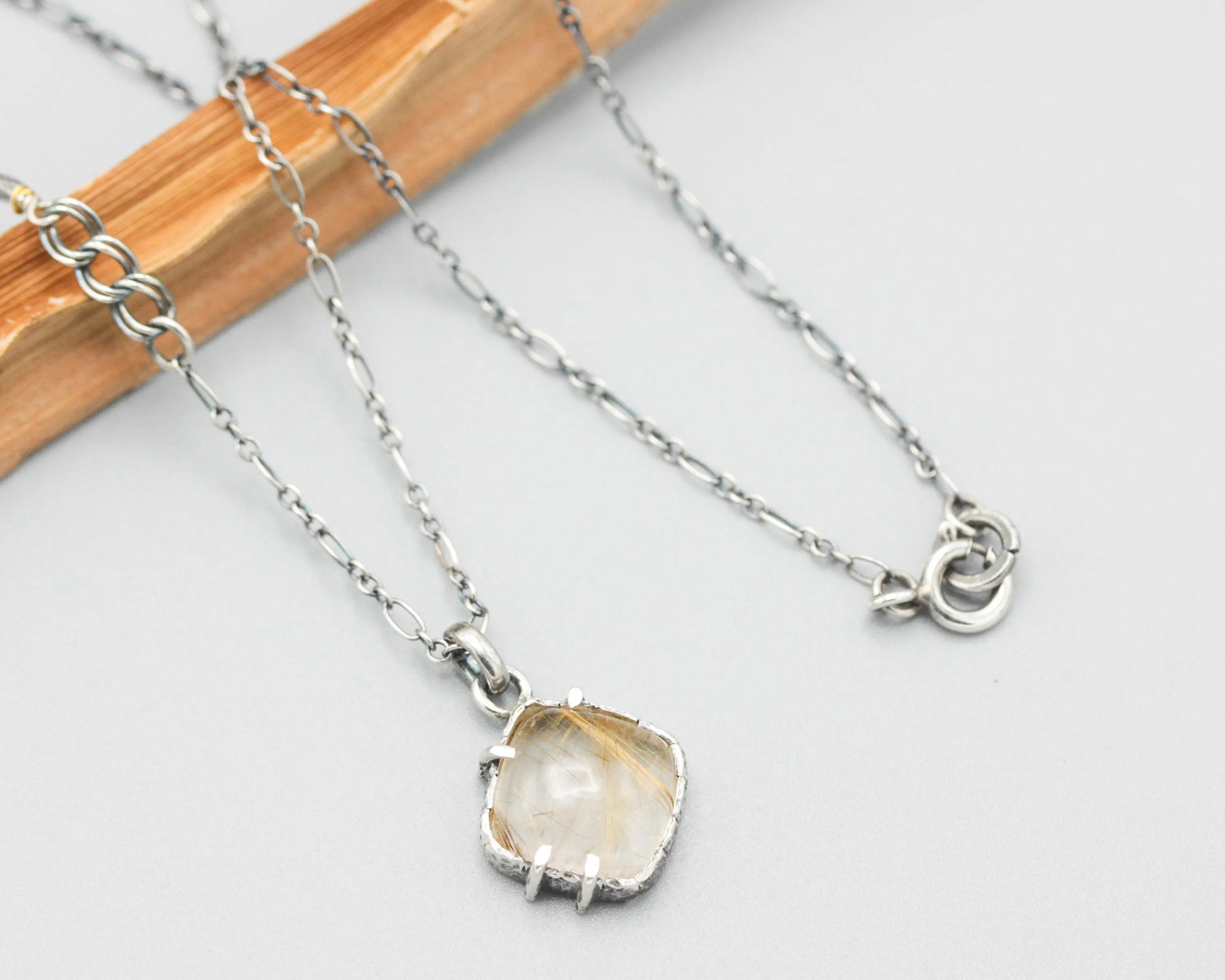 Square Rutilated pendant necklace with oxidized sterling silver chain