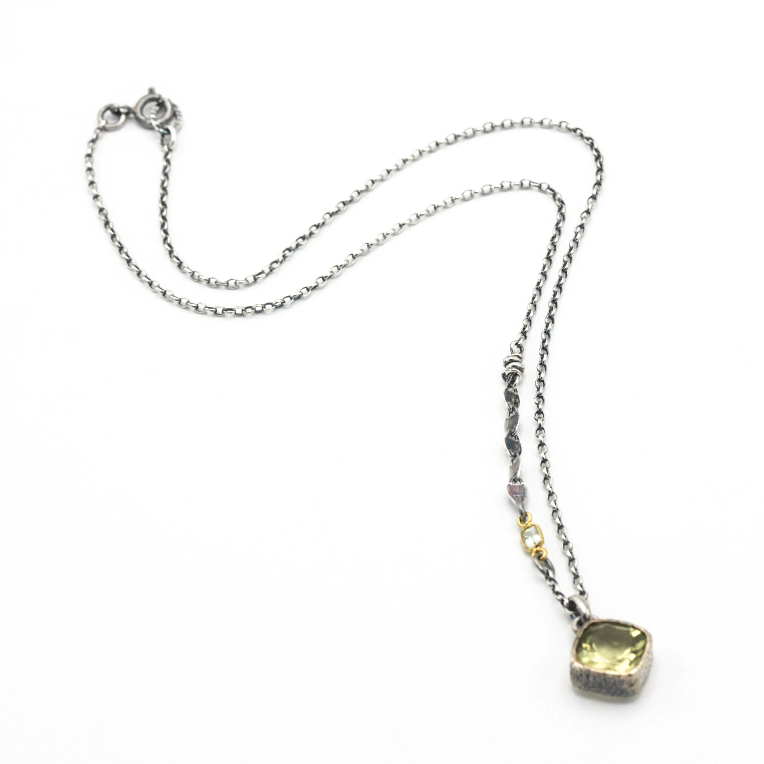 Square shape Lemon quartz pendant necklace with oxidized sterling silver chain