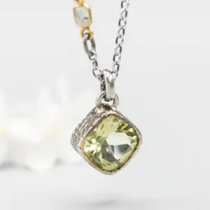 Square shape Lemon quartz pendant necklace with oxidized sterling silver chain