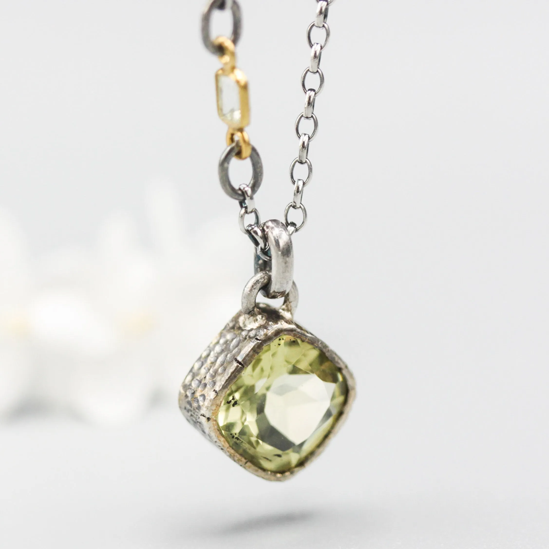 Square shape Lemon quartz pendant necklace with oxidized sterling silver chain