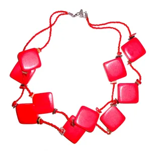 Square Wood Bead Necklace - Red