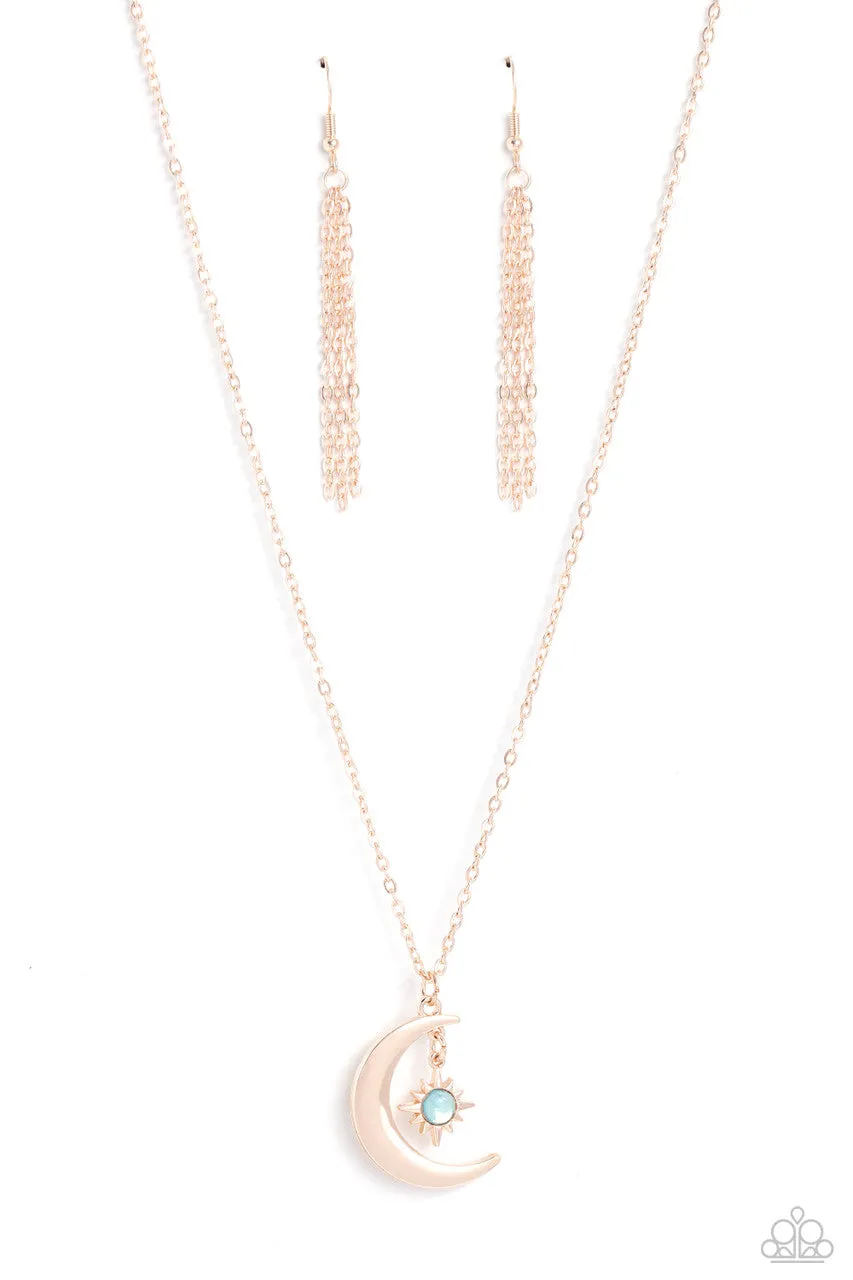 Stellar Sway - Rose Gold - Glassy Blue Bead Moon Paparazzi Short Necklace