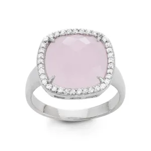 Sterling Silver Large Square Rose Quartz with CZ Halo Ring, Size 8 (96524)