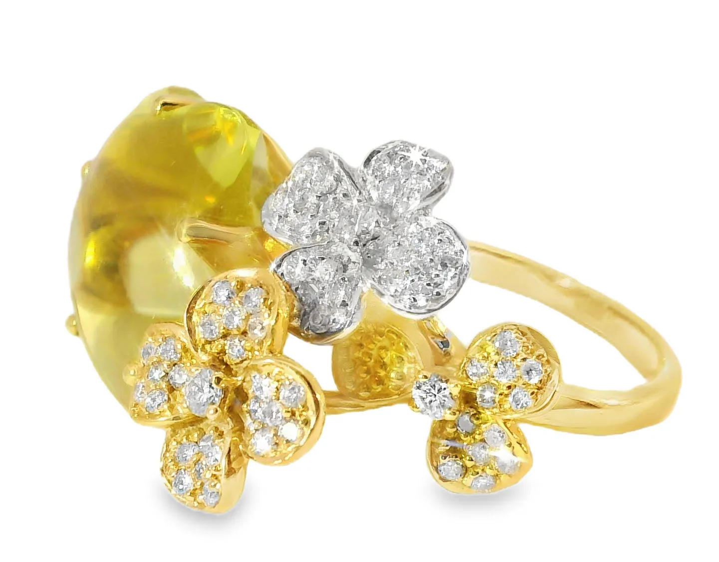 Stunning 18K Tri-color Gold Diamond Cabochon Lemon Quartz Floral Ring