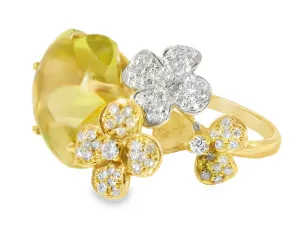 Stunning 18K Tri-color Gold Diamond Cabochon Lemon Quartz Floral Ring