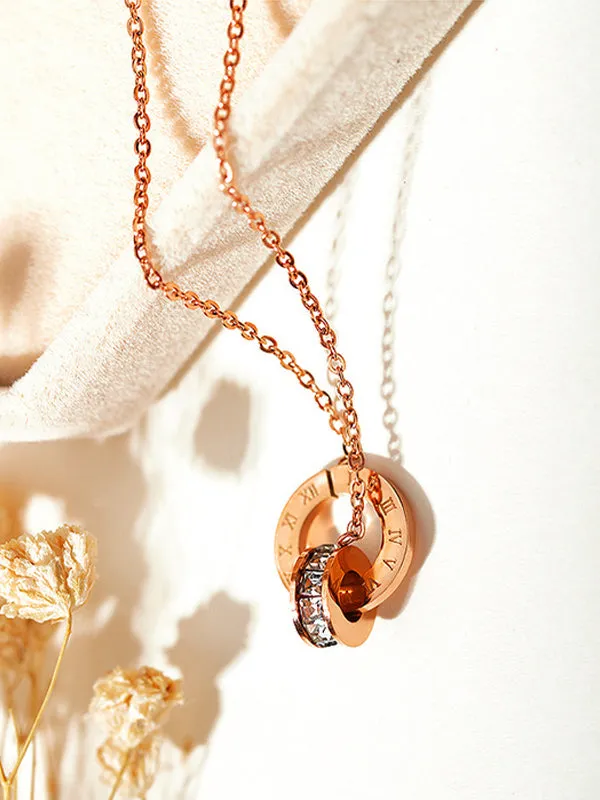 Titanium Steel Plated Rose Gold Double Ring Roman Digital Pendant Necklace Short Diamond Stud Collar Chain