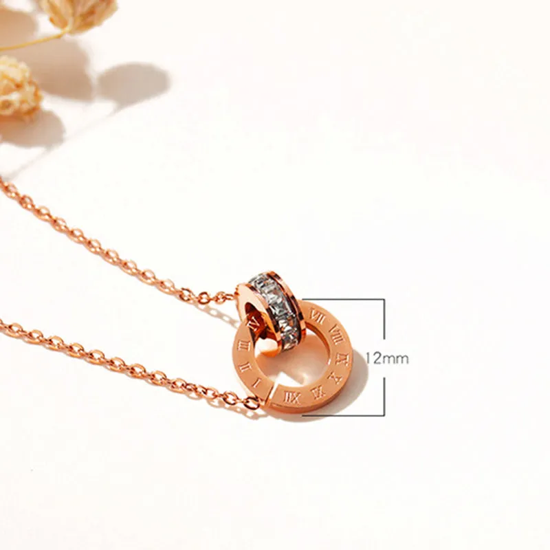 Titanium Steel Plated Rose Gold Double Ring Roman Digital Pendant Necklace Short Diamond Stud Collar Chain