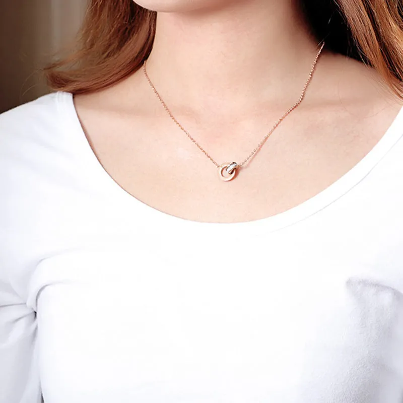 Titanium Steel Plated Rose Gold Double Ring Roman Digital Pendant Necklace Short Diamond Stud Collar Chain