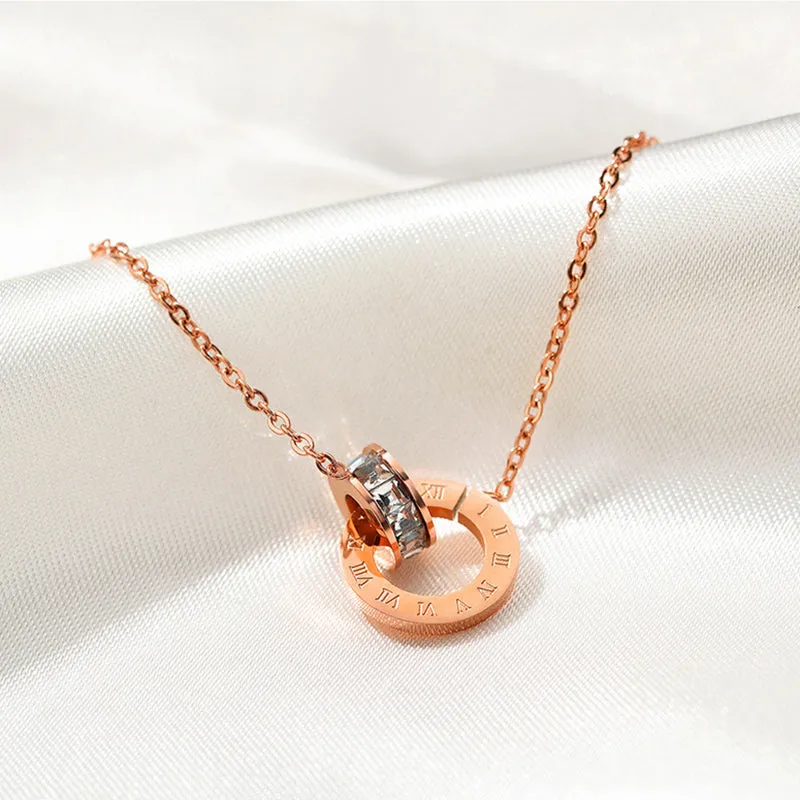 Titanium Steel Plated Rose Gold Double Ring Roman Digital Pendant Necklace Short Diamond Stud Collar Chain