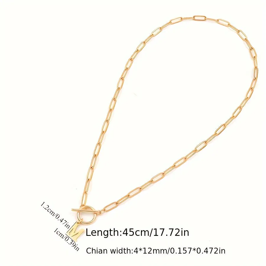 Toggle Clasp Initial Pendant Necklace Stainless Steel Paperclip Chain Necklace For Women